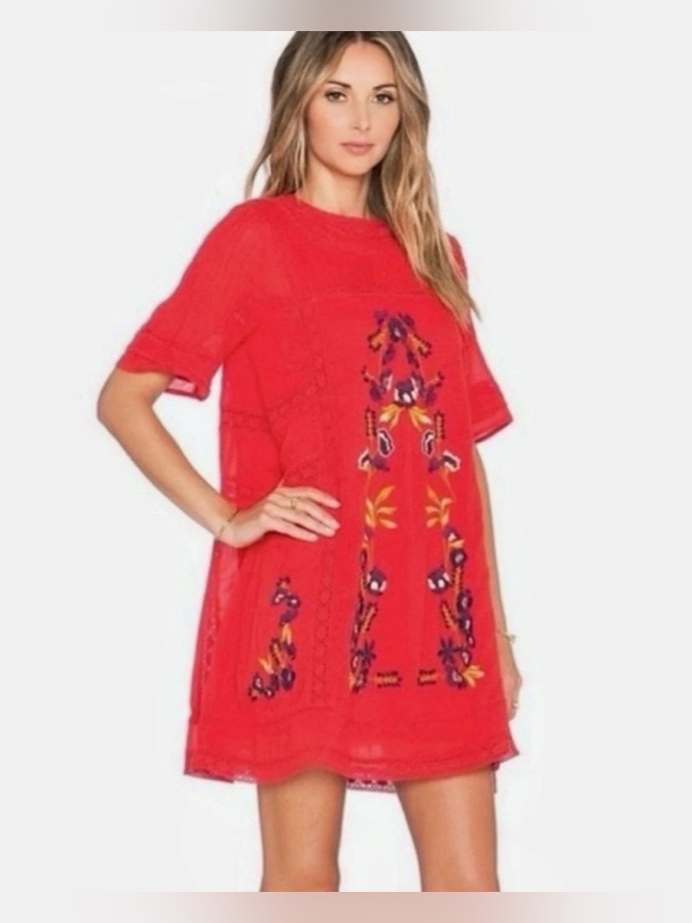 Free People Perfectly Victorian Boho Embroidered Mini Dress Tomato Red Small S 4